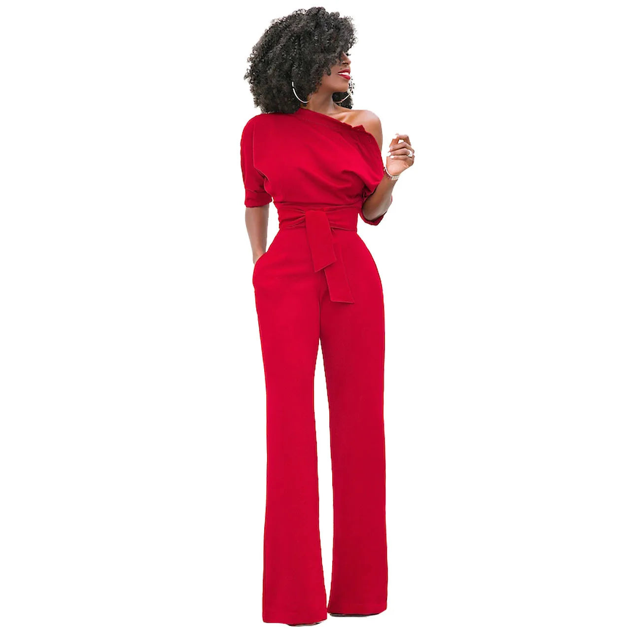 2024 Summer New Fashion Women's Jumpsuit Solid Color Slanted Shoulder Elegant Temperament Sleeveless Long Wide Leg Jumpsuit