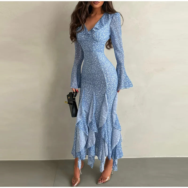 Women Printed V Neck Long Dress Flared Sleeve Lotus Leaf Edge High Waist Slim Fit Maxi Dresses Lady Elegant Evening Party Dress
