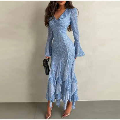 Women Printed V Neck Long Dress Flared Sleeve Lotus Leaf Edge High Waist Slim Fit Maxi Dresses Lady Elegant Evening Party Dress