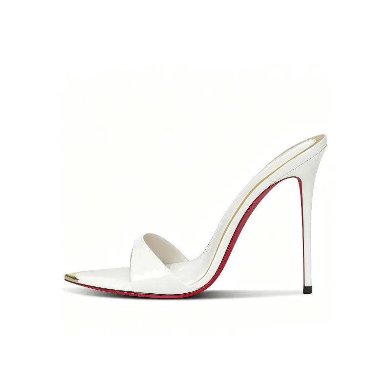 Customized metal pointed high-heeled cool slippers for summer,with a slim heel and elegant styleworn externally with a half drag