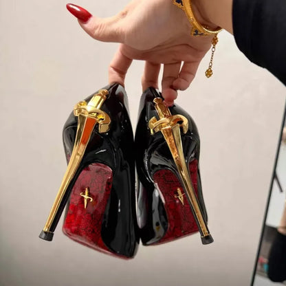 Early Spring New Women's High Heels, Slim Heels, Pointed Metal Sword, sexy Ladies, Black Patent Leather Single Shoes