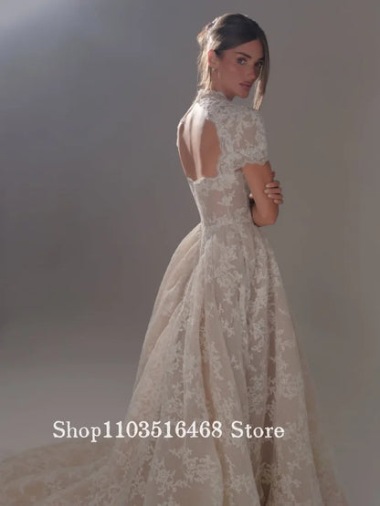 Light Champagne Short-Sleeve Lace Wedding Dress Customized Bohemian Open-Back Bridal Gown Formal Evening Gown Engagement Dress
