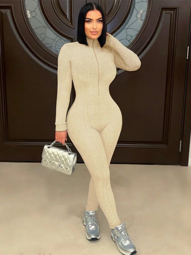 Nibber Activity Jumpsuits Women Turtleneck Zip Long Sleeve Stretch Skinny Streetwear Classic Fitness Workout Sporty Overalls
