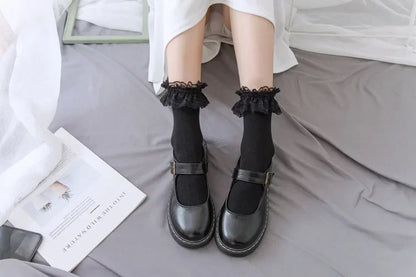 Women's Japanese Lolita JK Ankle Socks Kawaii Cotton with Lace Trim - Cute White/Black Crew Socks for Girls Cosplay Casual Wear