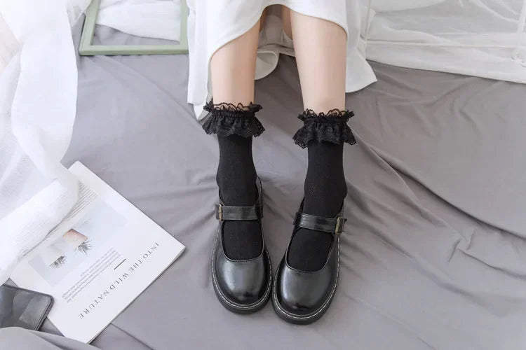 Women's Japanese Lolita JK Ankle Socks Kawaii Cotton with Lace Trim - Cute White/Black Crew Socks for Girls Cosplay Casual Wear