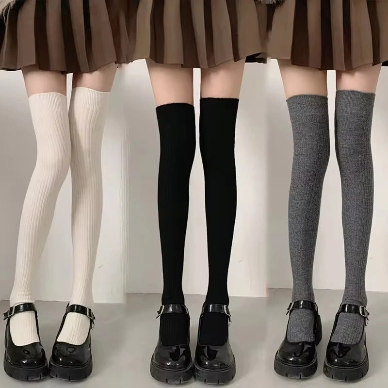 Autumn Winter Women's Stockings Girls Black White JK Lolita Long Tight Socks Vertical Stripes Cotton Over Knee Thigh High Socks