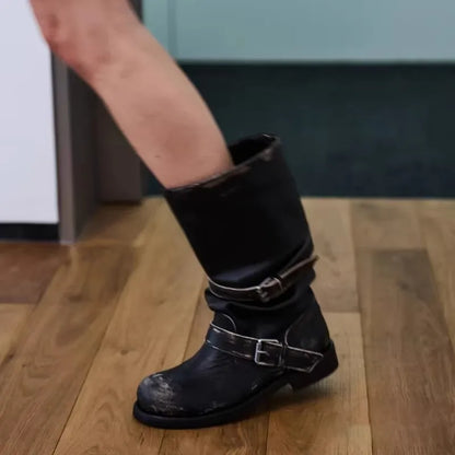 Retro Weathered Knight Boots Belt Bule Chunky Heel Mid-Calf Women's Boots Cowhide Leather Slimming Booties for All-Season Wear