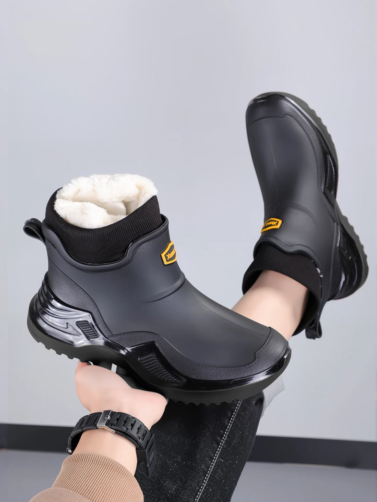 Men Women Winter Waterproof Rain Boots Fleece Warm Snow Sock Cuff Anti Slip Ankle Boots Outdoor Work Garden Shoes Size 36-46