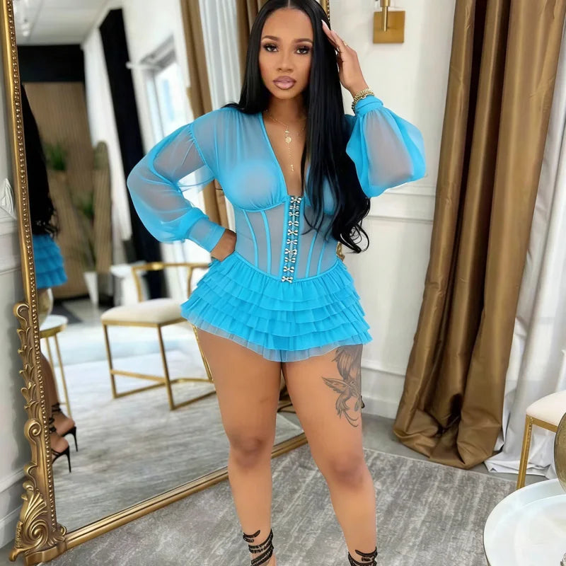 Sexy Mesh Corset Jumpsuit Women Gothic Ruffle Layered Rompers Long Sleeve Sheer Bodysuit Cross-pants Party Nightclub Romper