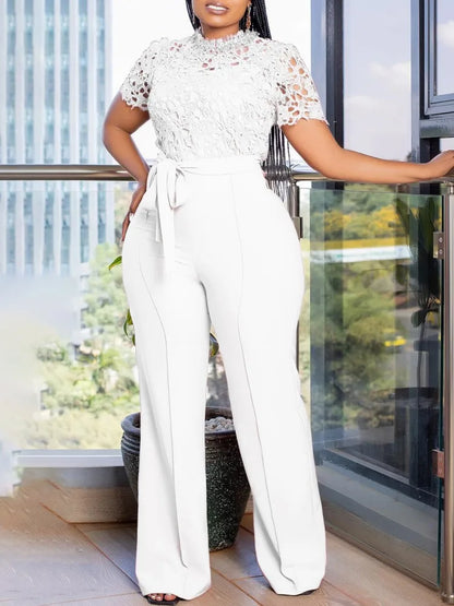 Solid Women Jumpsuits For Summer Autumn Short Sleeve Bandage Loose Fashion Streetwear Overalls Wide Leg Pants Trousers 2024