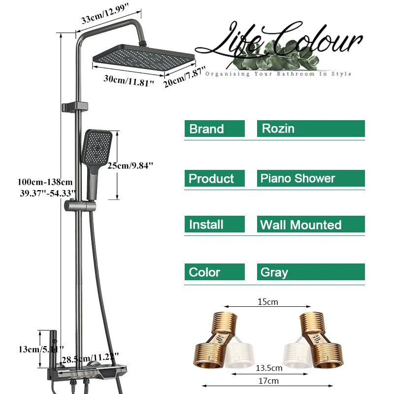 Rozin Gray Bathroom Shower Faucet Set Smart Digital Display Piano Style Rainlfall System Mixer Tap with Bidet / Hand Shower