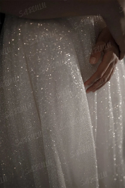 Spaghetti Straps Shinny Wedding Dress A-line V Neck Glitter Bridal Gown For Wedding Party Bride Dresses Custom Made Sequined