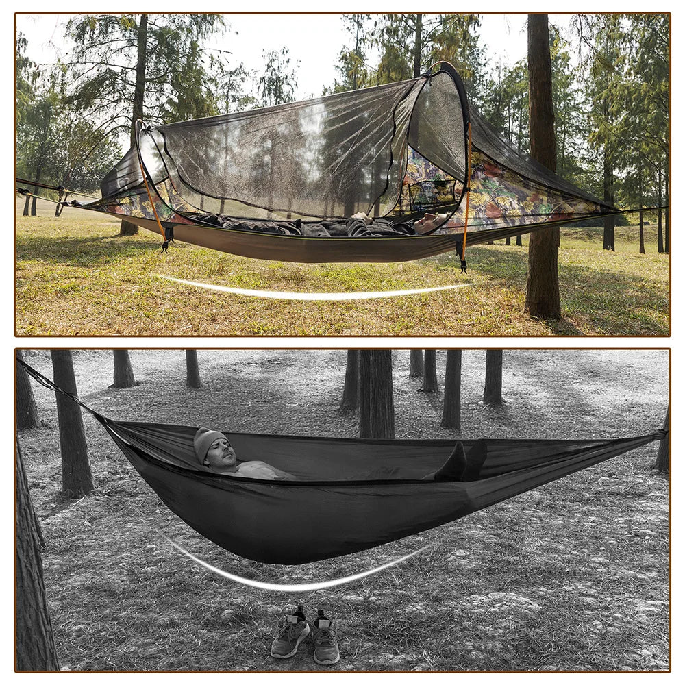 Night Cat Flat Lay Hammock Tent: Portable Lightweight Camping Hammock with Mosquito Net Waterproof Rainfly for 1 Person Outdoor Camping Green