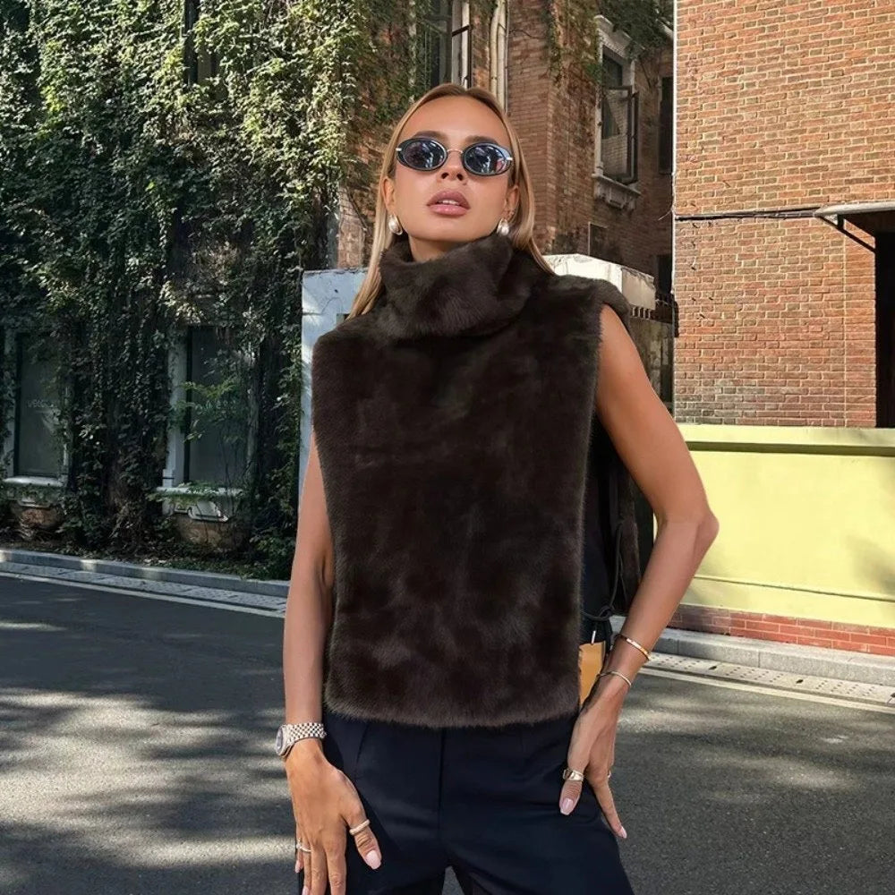 Trendy Outerwear Eco Mink Fur Turtleneck Tank Tops Fluffy High Collar Crop Top Thicken Layering Piece Sable Vest Women's Apparel