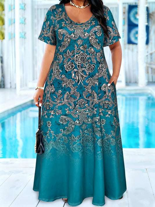 Plus Size Teal Baroque Floral Print Maxi Dress Summer Casual Short Sleeve Scoop Neck Loose Long Sundress With Pocket