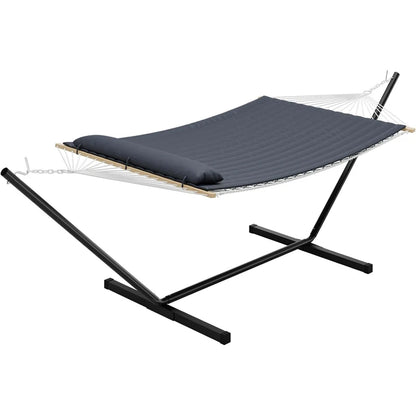 Double Cotton Hammock with Stand, Hammock with Adjustable Steel Frame | Portable Freestand Hammock Set Includes Carry Bag, Padded Polyester Pad & Pillow, 450 lb Capacity for Garden/Backyard/Travel
