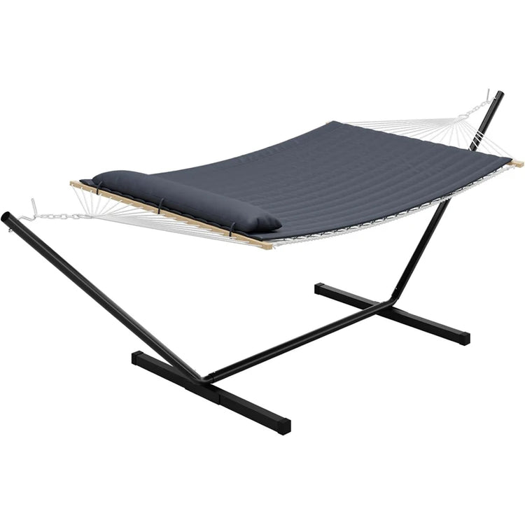 Double Cotton Hammock with Stand, Hammock with Adjustable Steel Frame | Portable Freestand Hammock Set Includes Carry Bag, Padded Polyester Pad & Pillow, 450 lb Capacity for Garden/Backyard/Travel