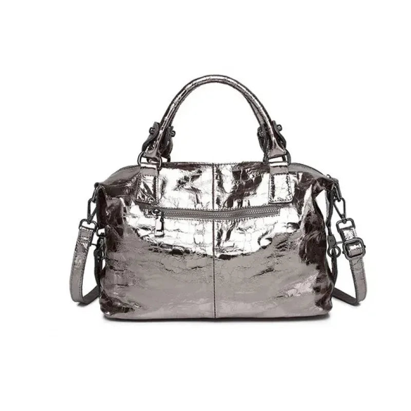 Real Leather Shiny Tote Handbags For Women Fashion Genuine Cowhide Leather Metallic Lady Bags With Shiny Embossed Coating