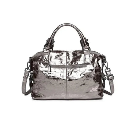 Real Leather Shiny Tote Handbags For Women Fashion Genuine Cowhide Leather Metallic Lady Bags With Shiny Embossed Coating