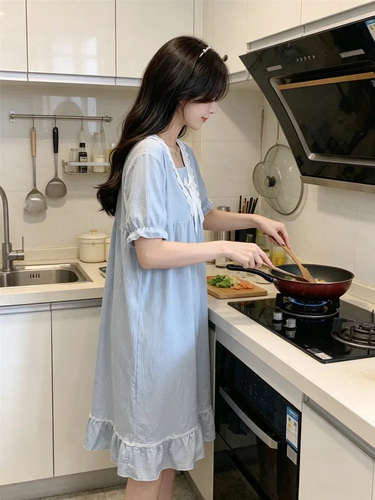 Summer Pajamas Dresses Sleepwear Sweet Korean Style Night Dress Women Nightgown Short Sleeve Lingerie Lace Patchwork Nightie