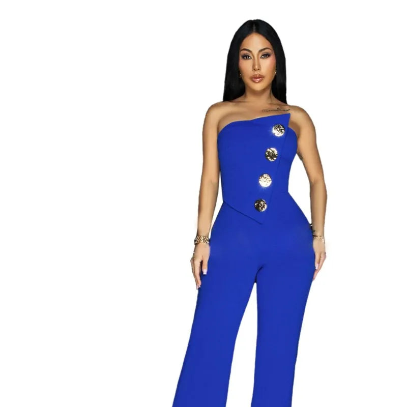 Sexy Backless Strapless Jumpsuit Summer Women Fashion Solid Button Sleeveless Slim Fit Wrap Hip Jumpsuits Elegant Office Romper