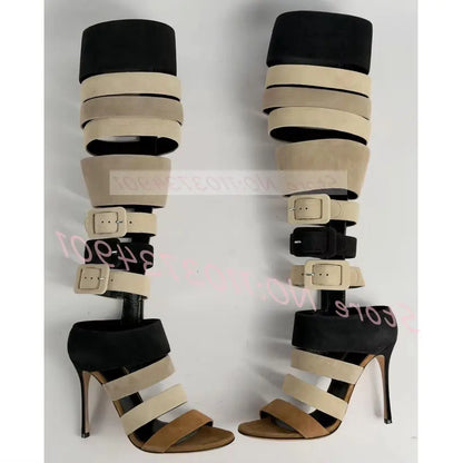 Cutout Gladiator Sandals Women Grey Suede Mixed Colors Zipper Buckle Open Toe High Heels Sandals Female Fashion Stiletto Wear