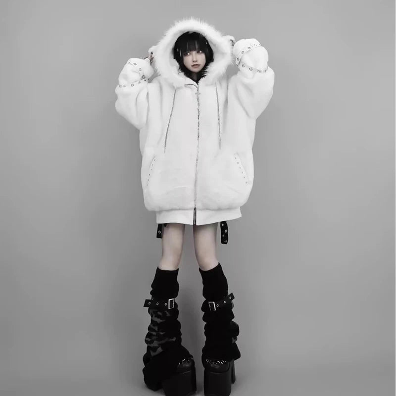 Mauroicardi Autumn Winter Oversized Warm Soft White Faux Fur Coat Women with Hood Harajuku Fashion Fluffy Jacket Streetwear 2025