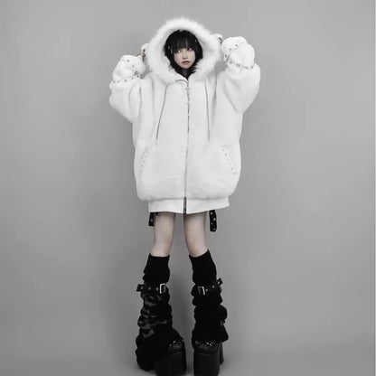 Mauroicardi Autumn Winter Oversized Warm Soft White Faux Fur Coat Women with Hood Harajuku Fashion Fluffy Jacket Streetwear 2025