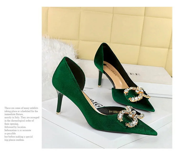 BIGTREE Party Pumps 7cm Thin High Heels Western Style Velvet Shallow Pointed Toe Side Hollow Crystal Pearl Bow Lady Shoes Pink