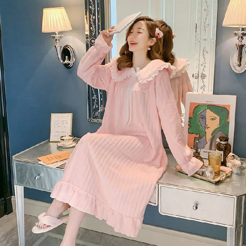 Womens Nightwear Nightdress Flannel Thickened Solid Colour Nightgown Doll Collar Student Warm Coral Velvet Ruffle Dress Robes Se