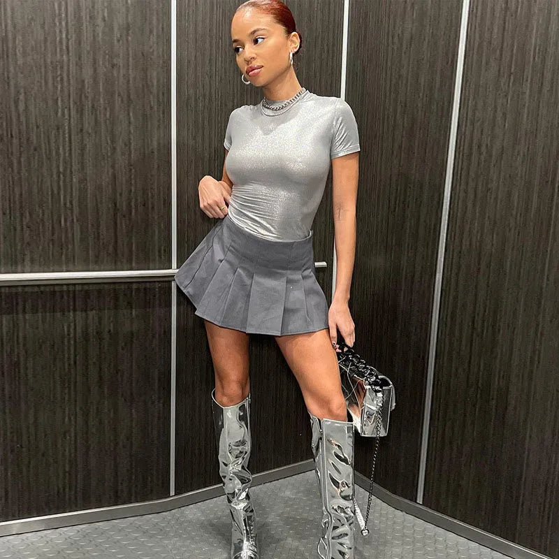 Leather Solid O Neck Short Sleeves Sexy Slim Y2K T-Shirt Top 2024 Summer Women Fashion Tees Streetwear Grunge Clothes
