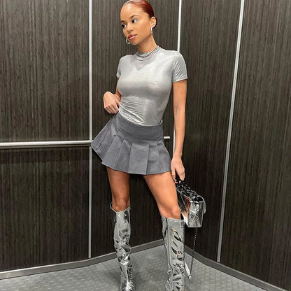 Leather Solid O Neck Short Sleeves Sexy Slim Y2K T-Shirt Top 2024 Summer Women Fashion Tees Streetwear Grunge Clothes