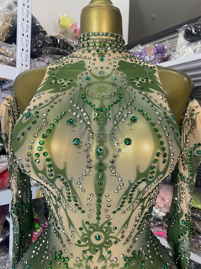 Sparkly Rhinestones Printed Mesh Bodycon Green Jumpsuits With Sleeves See Through Masquerade Costume Dress Night Club DJ Gogo