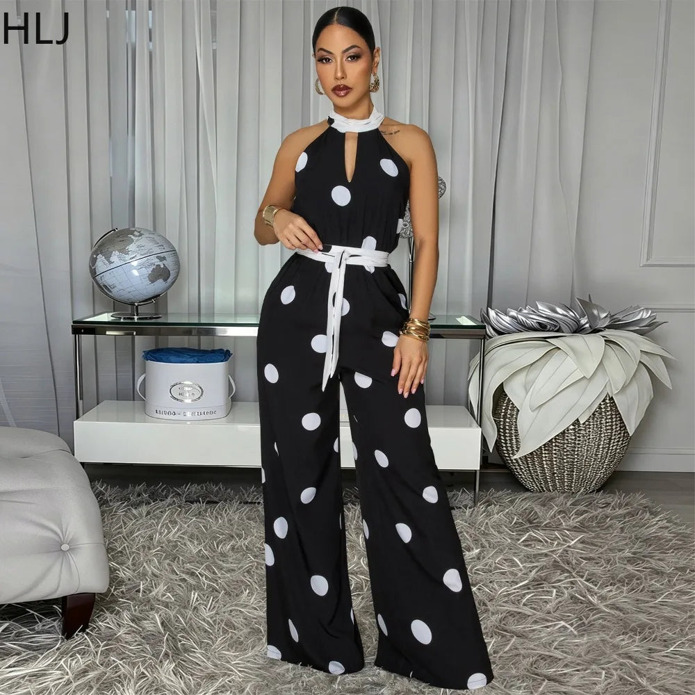 HLJ Retro Polka Dot Printting Bodycon Jumpsuit Women Halter Sleeveless Backless Rompers Casual Vacation Party Ladies Outfits New