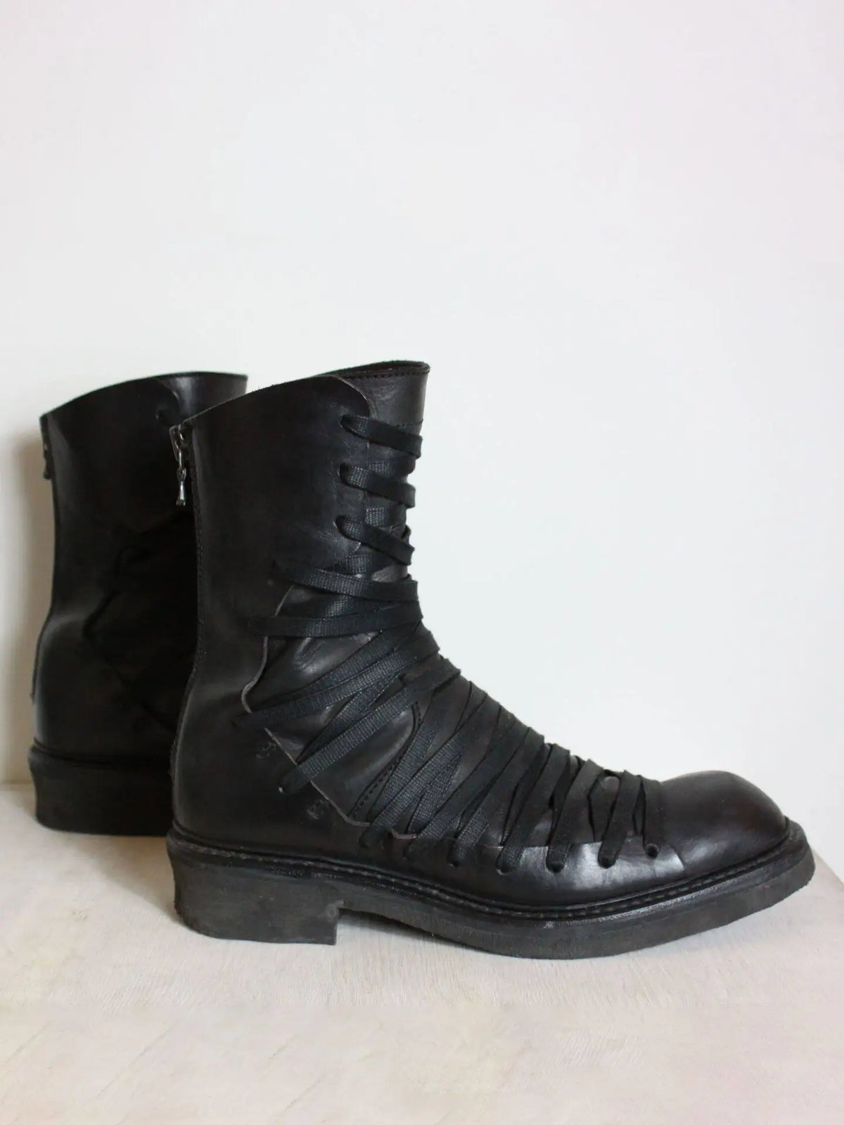 Side Cross Tied Black Walking Boots Fashion Men's Mid-calf Knight Boots Flat Round Toe Solid Back Zipper Western Chelsae Boots