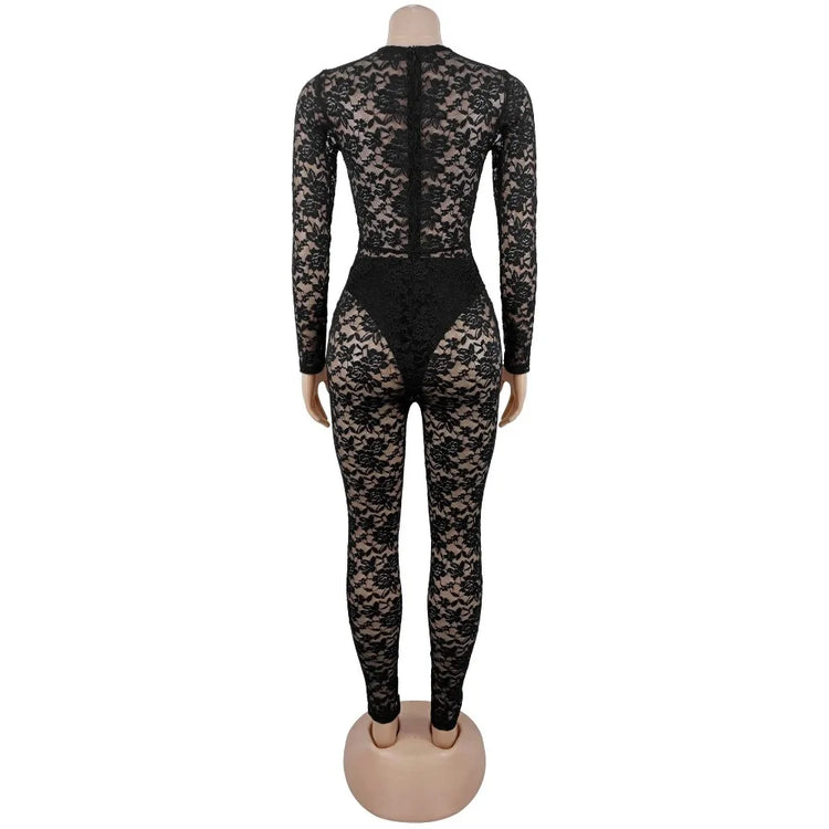 FLARORA Sexy Lace Hollow See Through Jumpsuits Woman O Neck Full Sleeve Peach Hip Slim Jumpsuit Midnight Party Clubwear Overalls