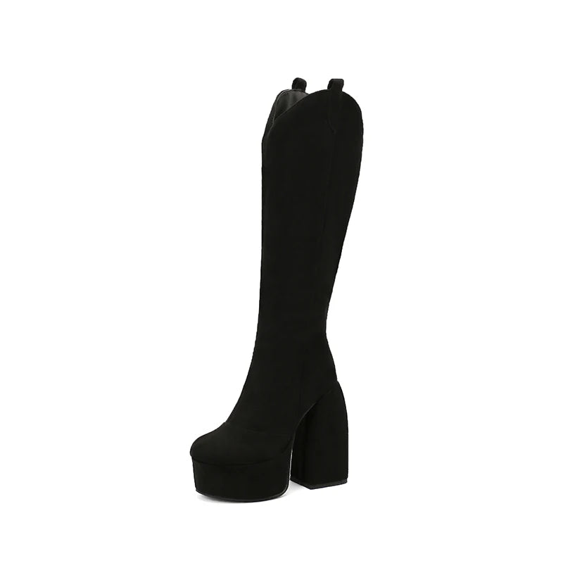 Super Waterproof Platform Strange Chunky Heel Graffiti Women's Boots Plush Inner Zipper Flock Material Knee Boots Plus Size