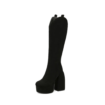 Super Waterproof Platform Strange Chunky Heel Graffiti Women's Boots Plush Inner Zipper Flock Material Knee Boots Plus Size
