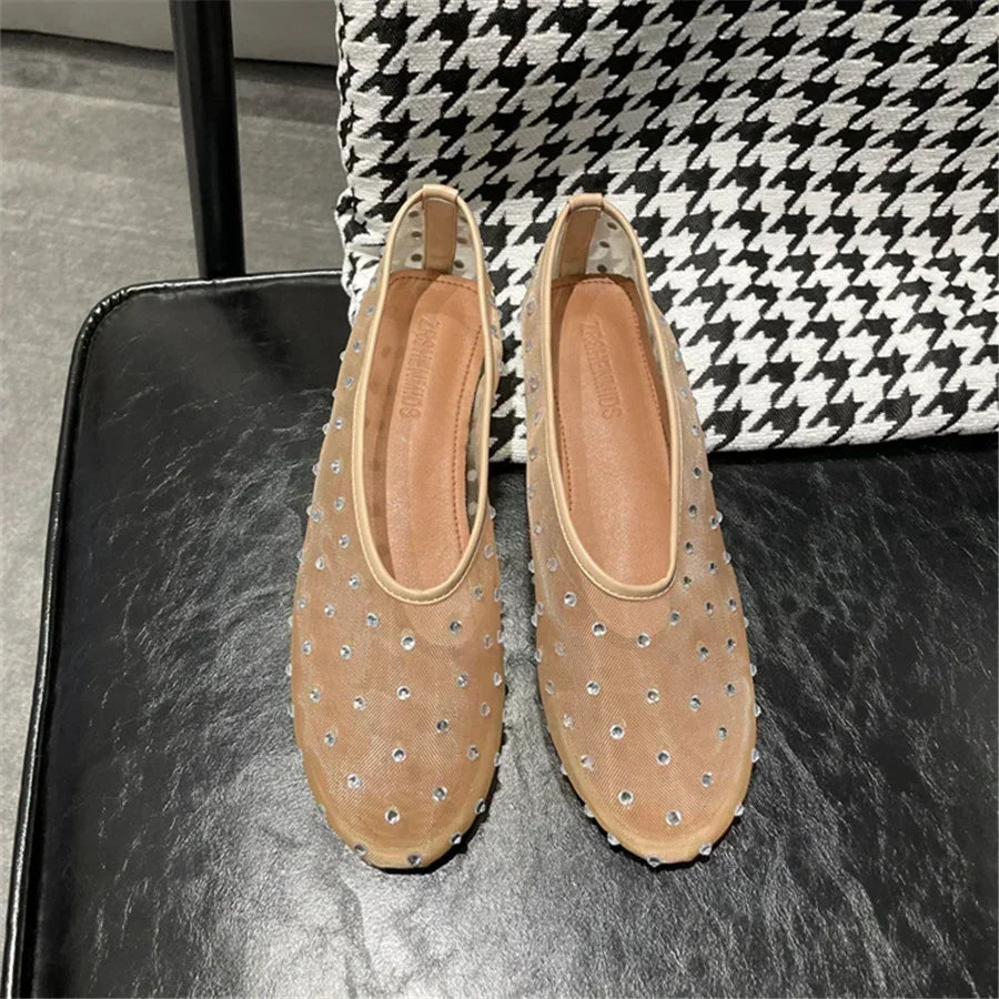 Luxury Glitter Rhinestone Designer Mesh Flats Women Summer Fashion Light Breathable Mules Loafers Elegant Comfort Ballet Shoes