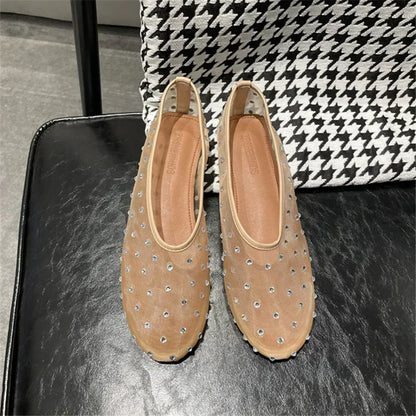Luxury Glitter Rhinestone Designer Mesh Flats Women Summer Fashion Light Breathable Mules Loafers Elegant Comfort Ballet Shoes