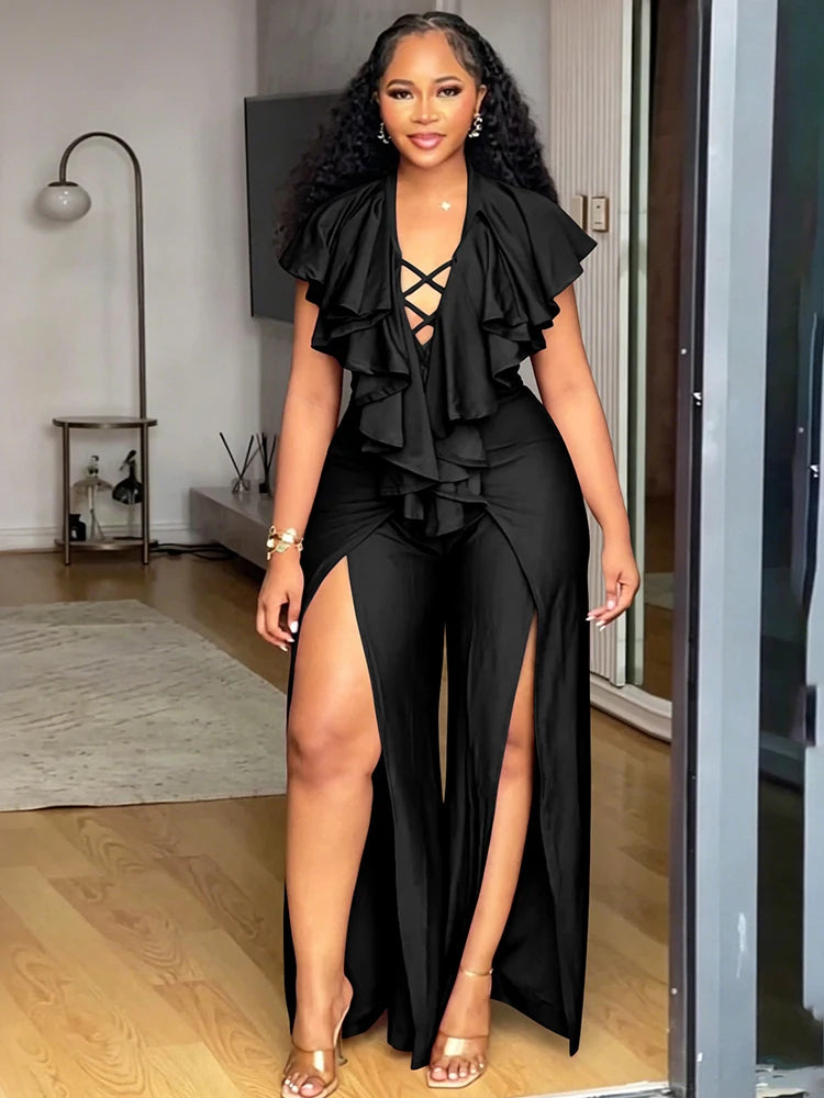 Plus Size Jumpsuit Woman Sexy Ruffle Trim Jumpsuit Deep V Neck Cross Lace Up High Slit Ladies Wide Leg Jumpsuit Dress Loungewear