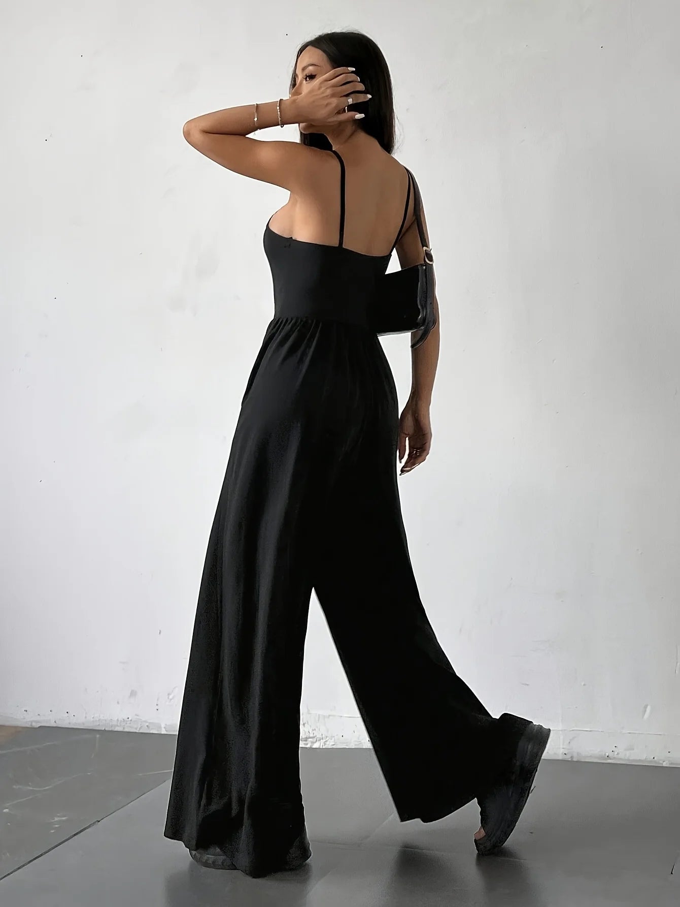 Black High Waist Spaghetti Strap Wide Leg Jumpsuit