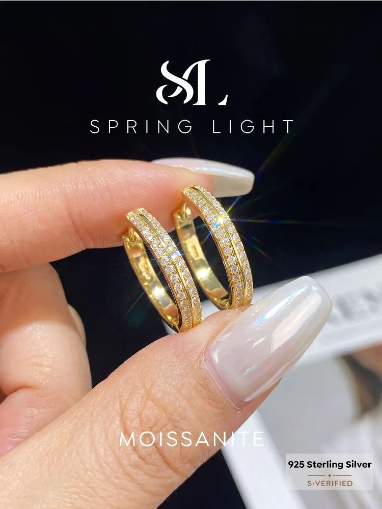 Real Double Moissan Diamond Round Sparkling Hoop Earrings Suitable for Women's Daily Wear 925 Silver High Quality Fine Jewelry