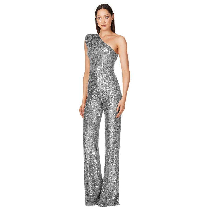 Women Elegant Long Jumpsuits Slanted Collar Party 2026 Sexy Glitter Sequin Club Playsuits Fashion Backless Solid Romper