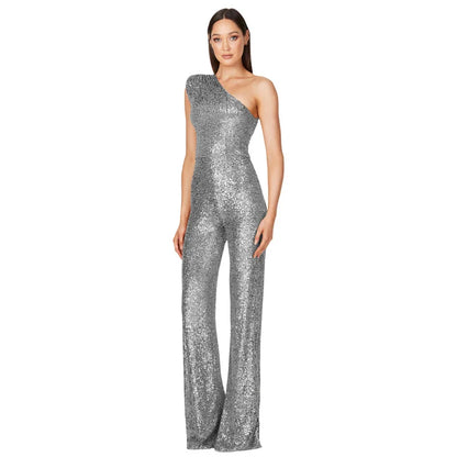 Women Elegant Long Jumpsuits Slanted Collar Party 2026 Sexy Glitter Sequin Club Playsuits Fashion Backless Solid Romper