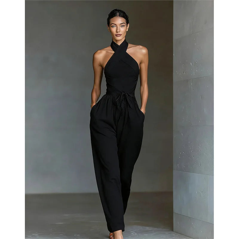 2026 High Waist Tie-up Wide Leg Pants Jumpsuit Woman Sexy Criss Cross Halter Backless Zips Romper Summer Solid Office Overalls