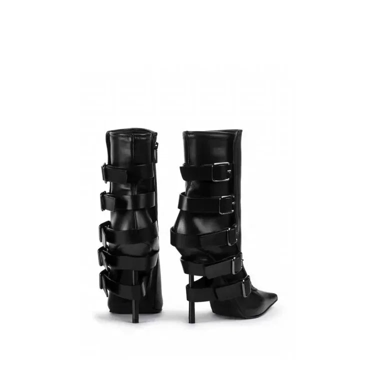 New Belt Buckle Stiletto High Heels Knee Length Boots Autumn/Winter Women's Fashion Pointed Party 34-46 Large Medium Boots