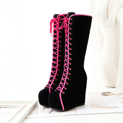 Fashion Knee High Boots Women Platform Sexy Wedge Heels Women's High Boots Lace-up Round Toe Black Dance Shoes For Girls