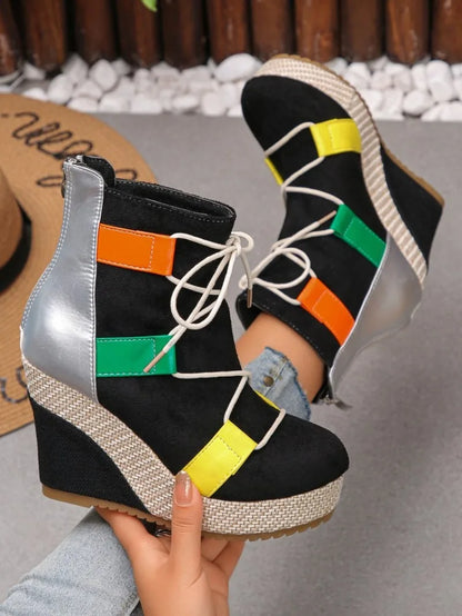 Women's Ankle Boots Wedge Heel Round Toe Platform Shoes Suede-Look Lace-Up Back Zipper Woven Trim Casual Street Style Footwear