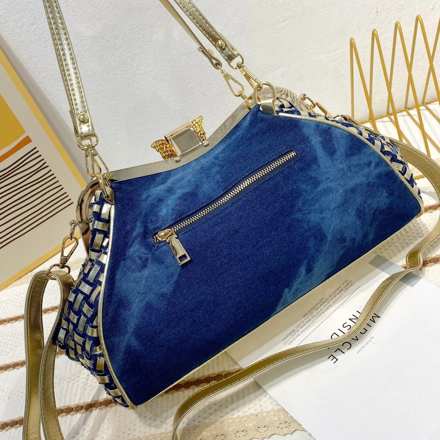 Denim Rhinestones Women Handbag Clutch Bag For Evening Party Chic Butterfly Decoration Ladies Denim  Shoulder Bag